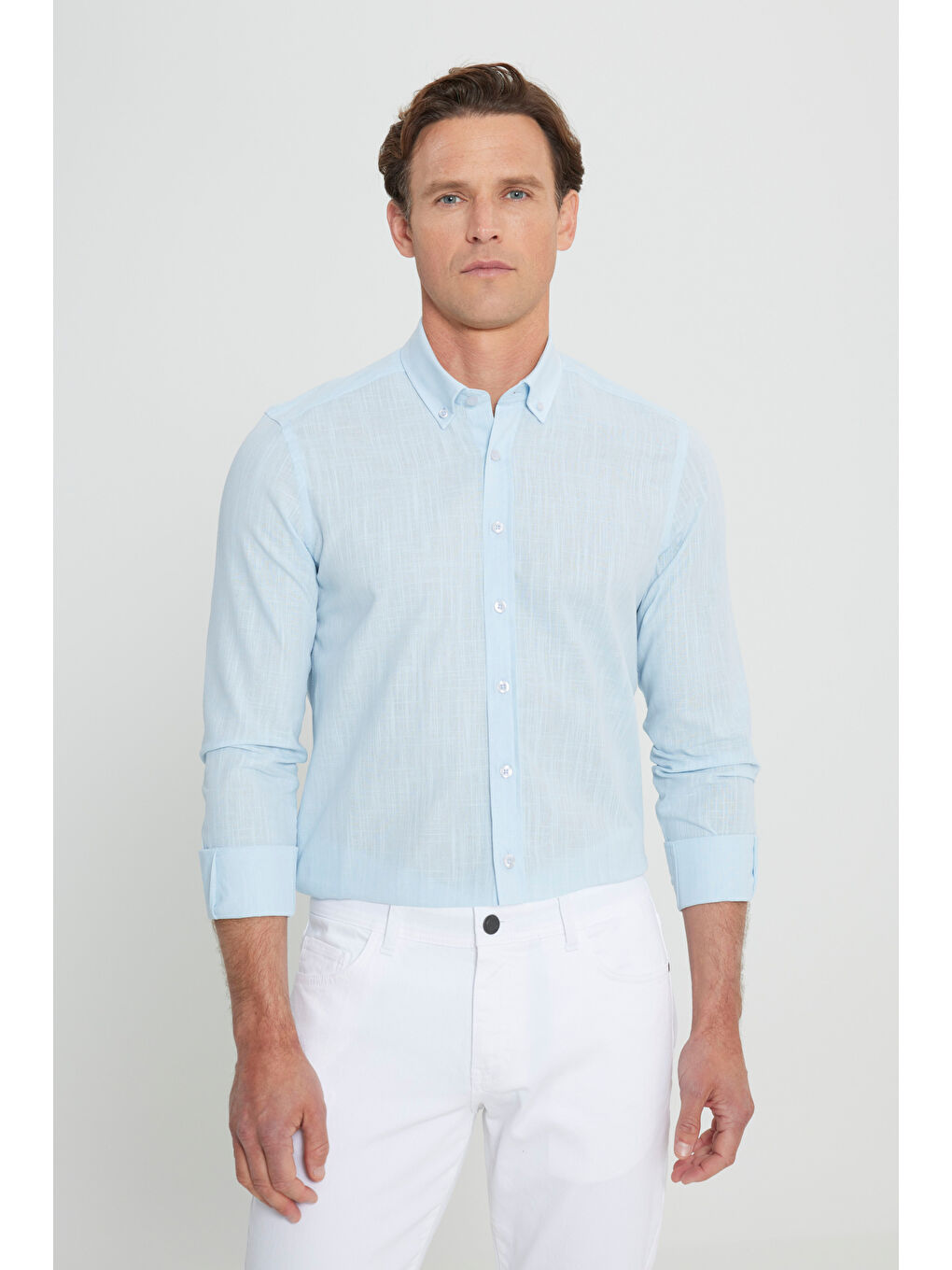 Erkek Açık Mavi %100 Pamuk Oxford Slim Fit Dar Kesim Düğmeli Yaka Flamlı Gömlek