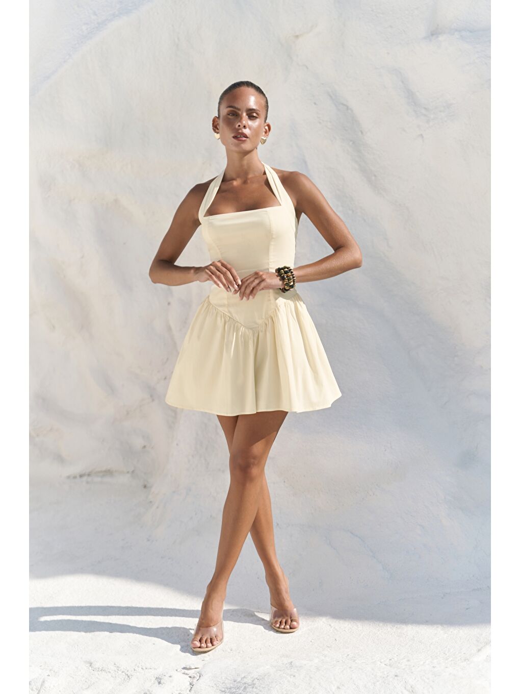 Penny Bağlamalı Sarı Mini Elbise-5