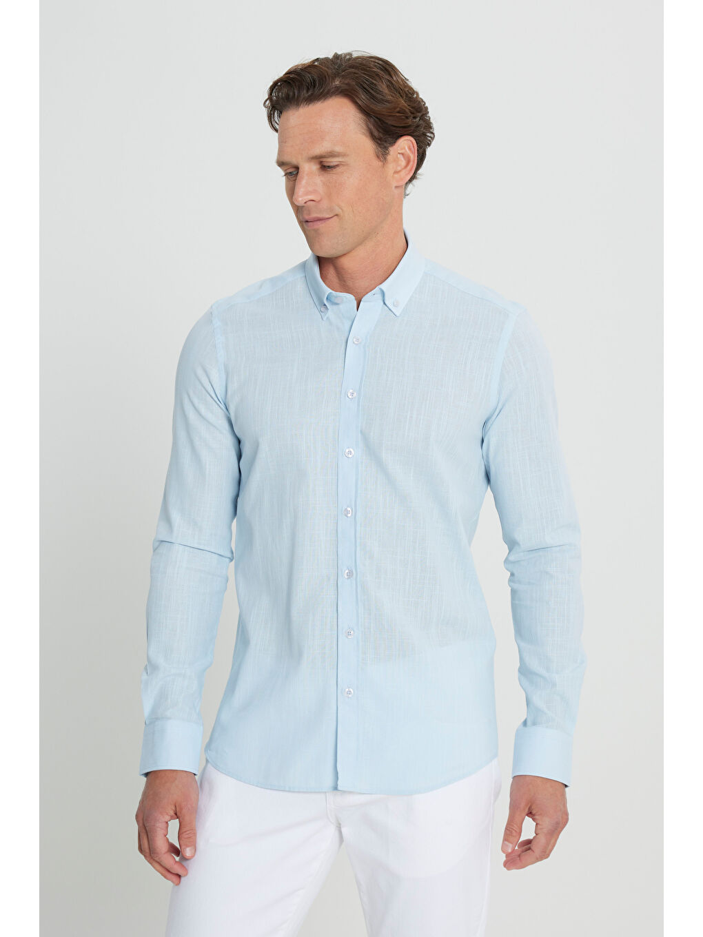 Erkek Açık Mavi %100 Pamuk Oxford Slim Fit Dar Kesim Düğmeli Yaka Flamlı Gömlek-2