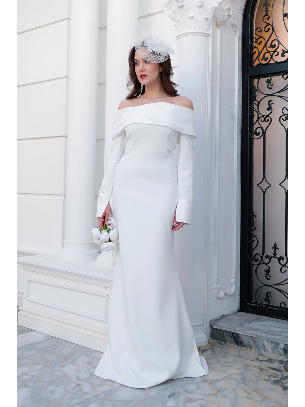 Kadın Beyaz Kayık Yaka Uzun Kol Söz Nişan Nikah Abiye Elbise-1