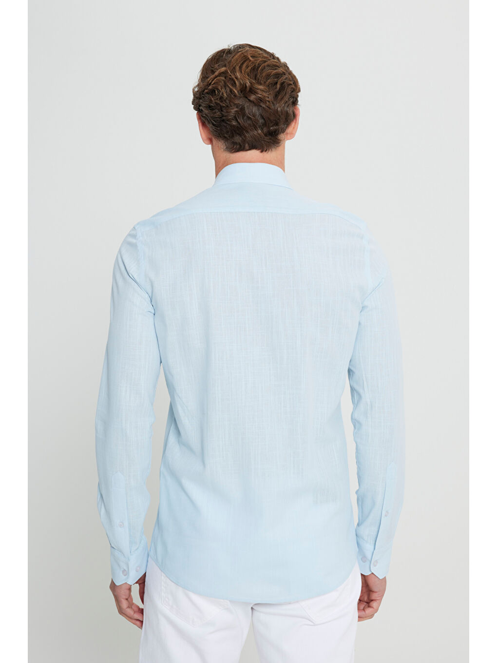 Erkek Açık Mavi %100 Pamuk Oxford Slim Fit Dar Kesim Düğmeli Yaka Flamlı Gömlek-4