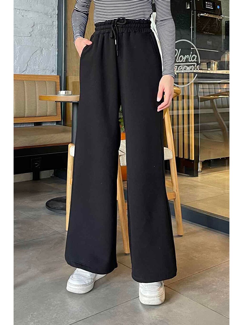 Üç İplik Bol Paça Eşofman Siyah-2