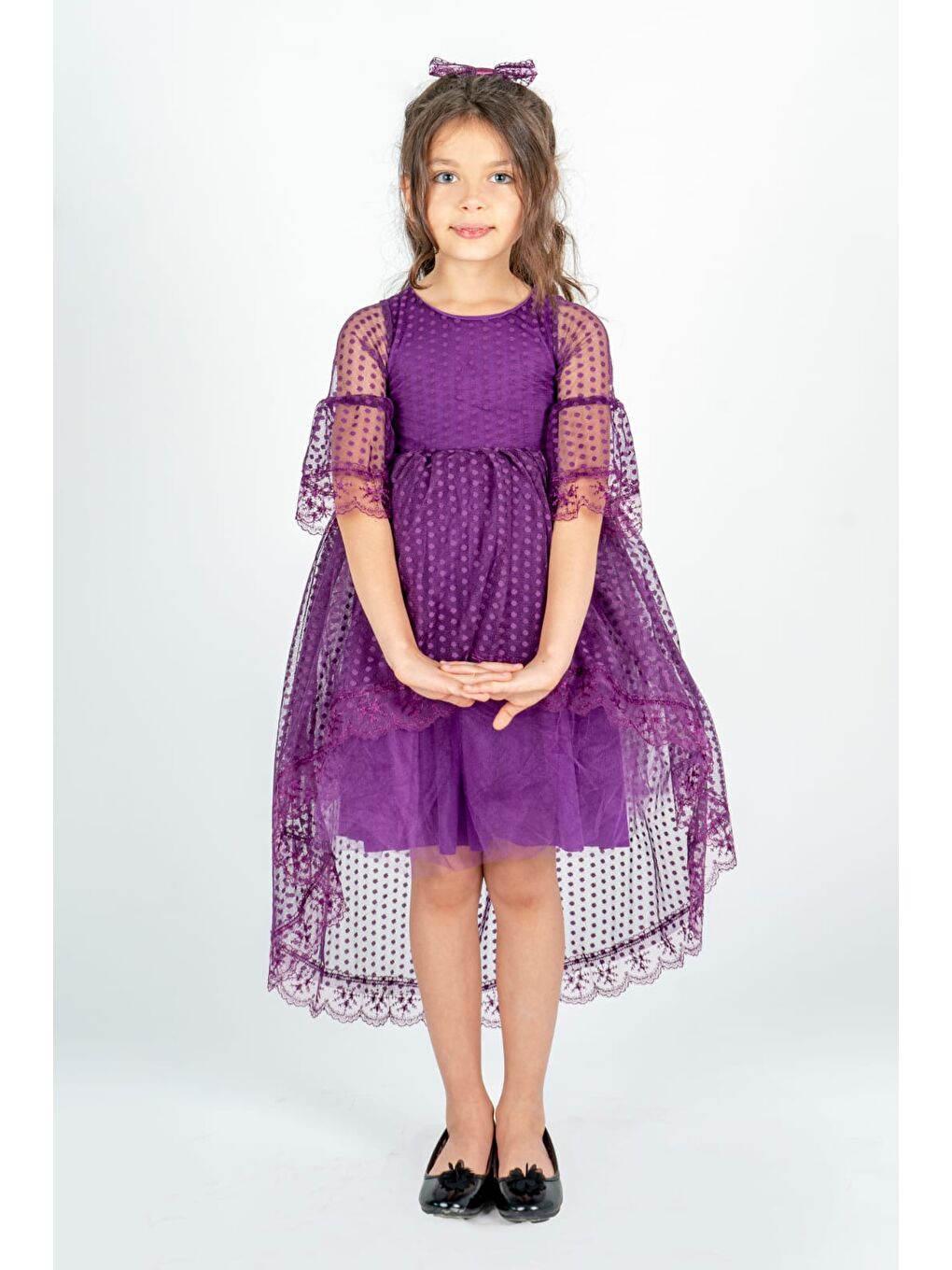Mürdüm Kuyruklu Model Kız Çocuk Dantel Elbise MNK0482