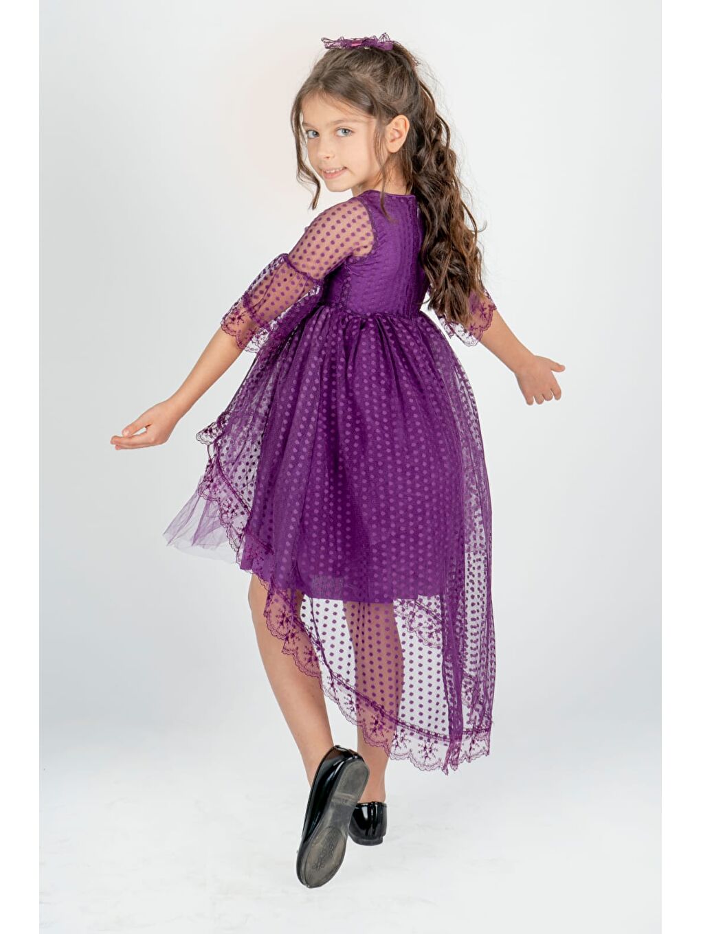 Mürdüm Kuyruklu Model Kız Çocuk Dantel Elbise MNK0482-1