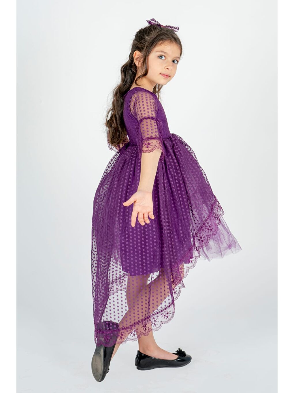 Mürdüm Kuyruklu Model Kız Çocuk Dantel Elbise MNK0482-2