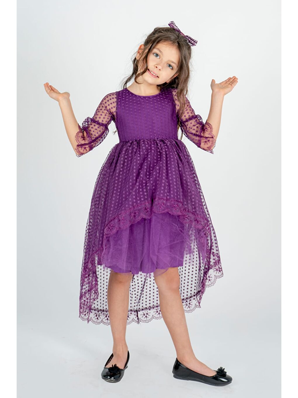 Mürdüm Kuyruklu Model Kız Çocuk Dantel Elbise MNK0482-3