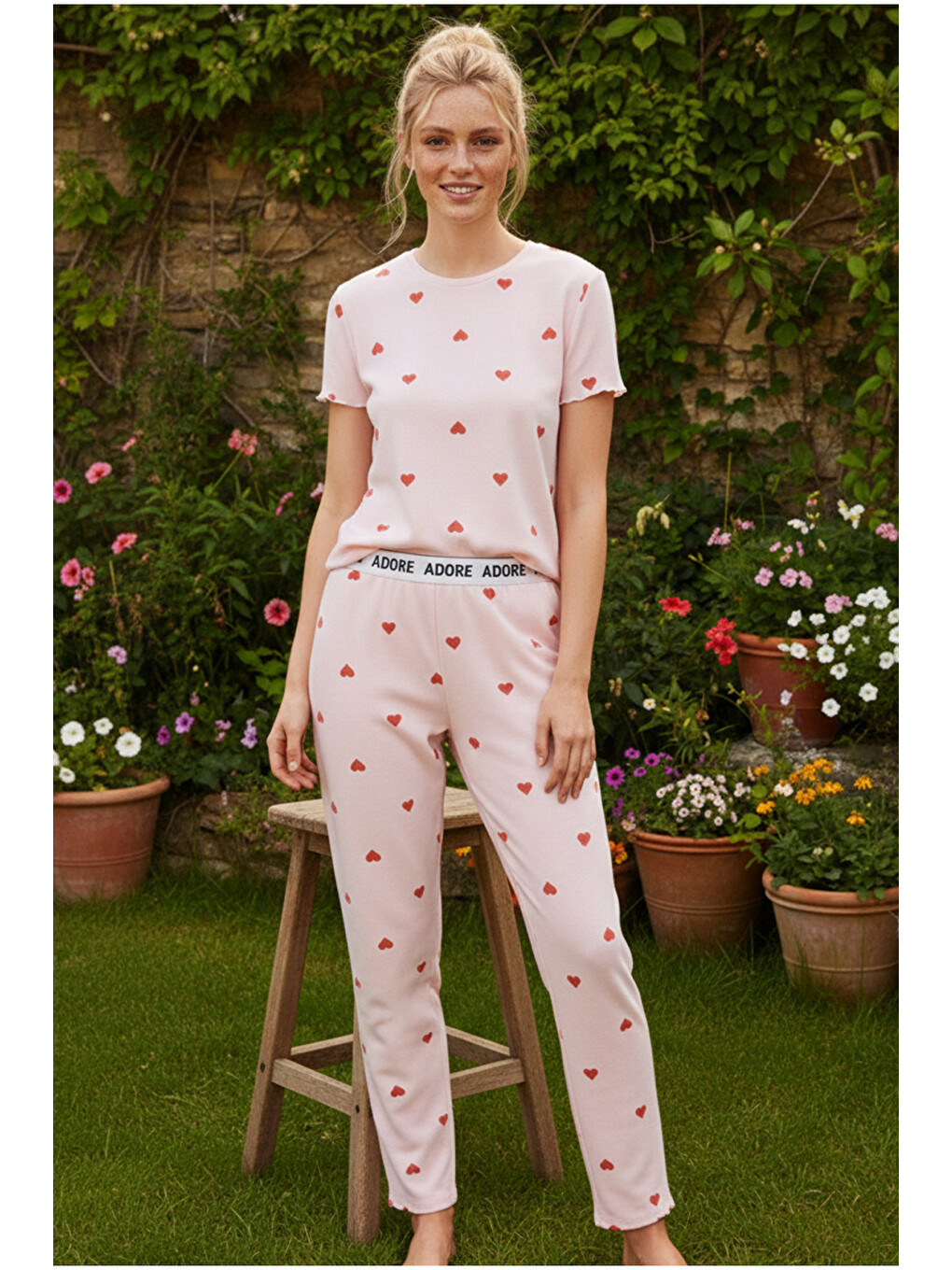 Pembe Kalp Desenli Lastikli Fitilli Kaşkorse Örme Pijama Takım26120601-1