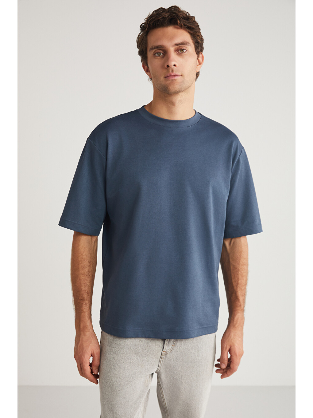İndigo JOEL Erkek %100 Organik Pamuklu Kalın Kumaşlı Özel Dokulu Etiket Detaylı Oversize İNDİGO T-Shirt-1