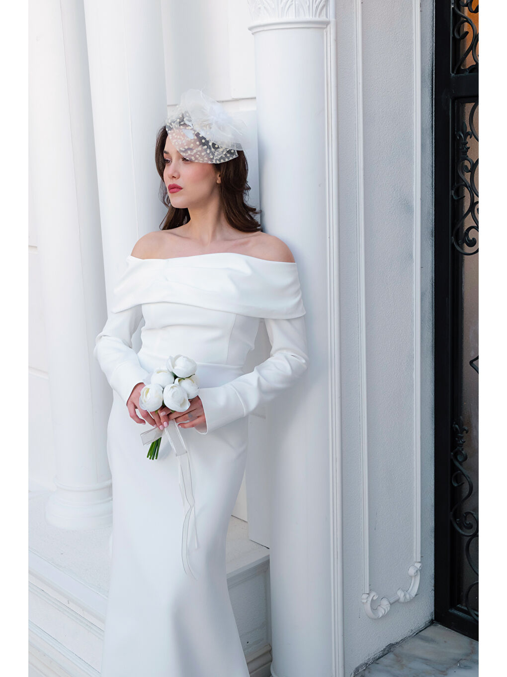 Kadın Beyaz Kayık Yaka Uzun Kol Söz Nişan Nikah Abiye Elbise-2