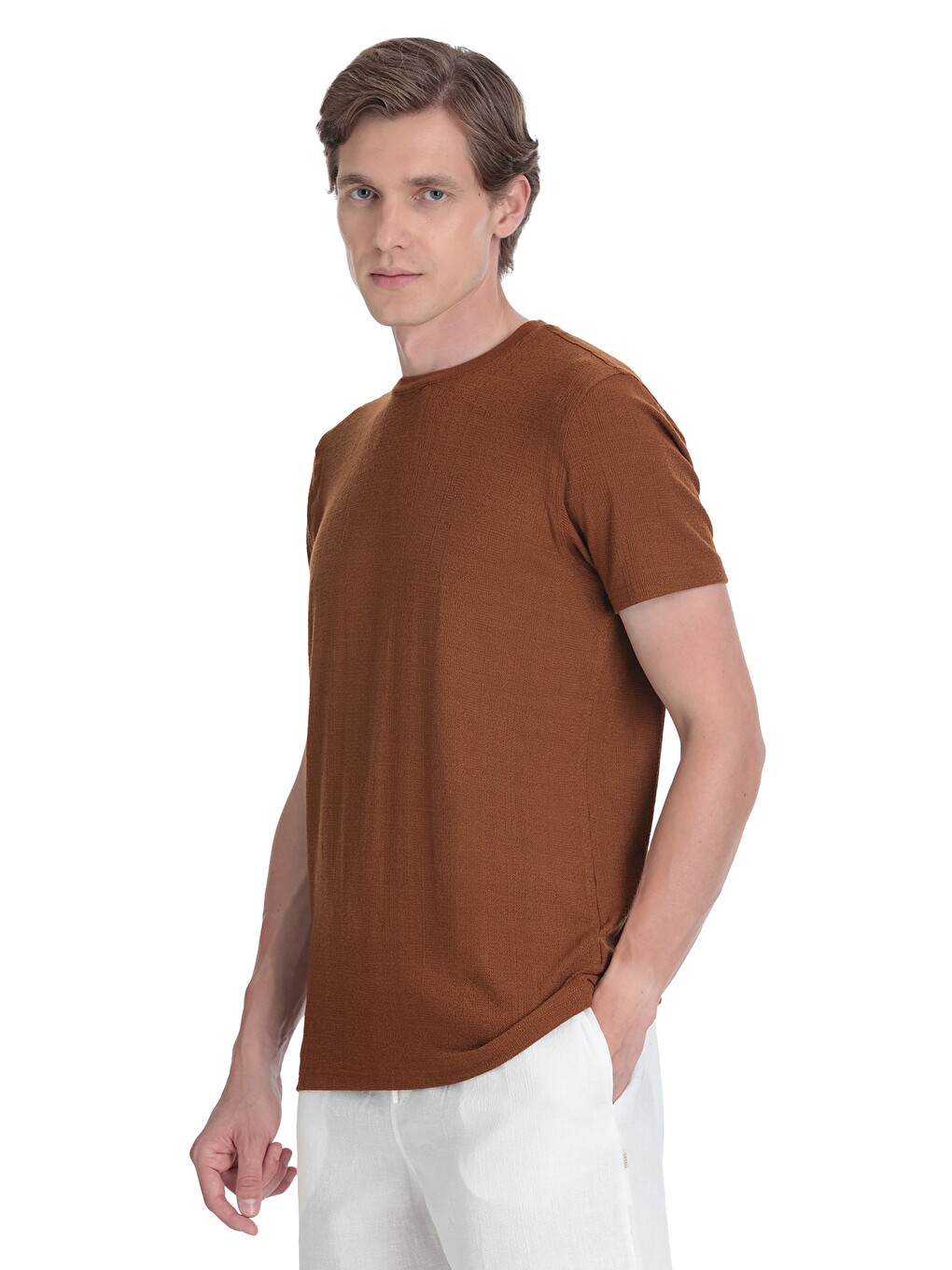 Kahverengi Regular Fit Bisiklet Yaka Tişört-2