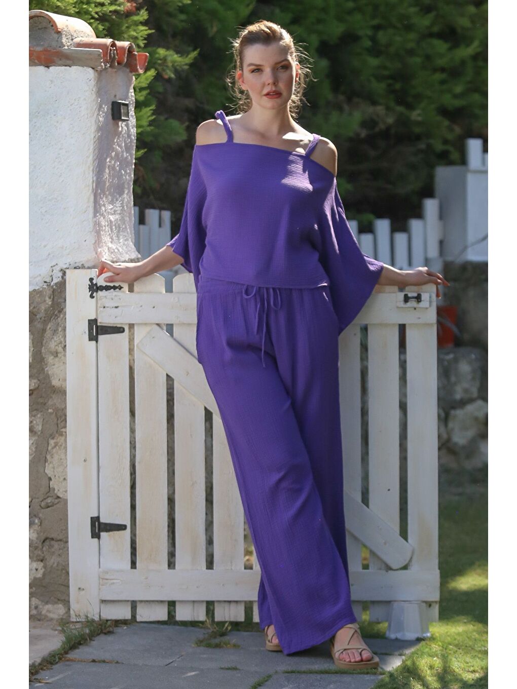 Mor Carmen Yaka Mendil Kol Cepli Yıkamalı Lastikli Bel Müslin Dokuma Takım 52-108 65-65