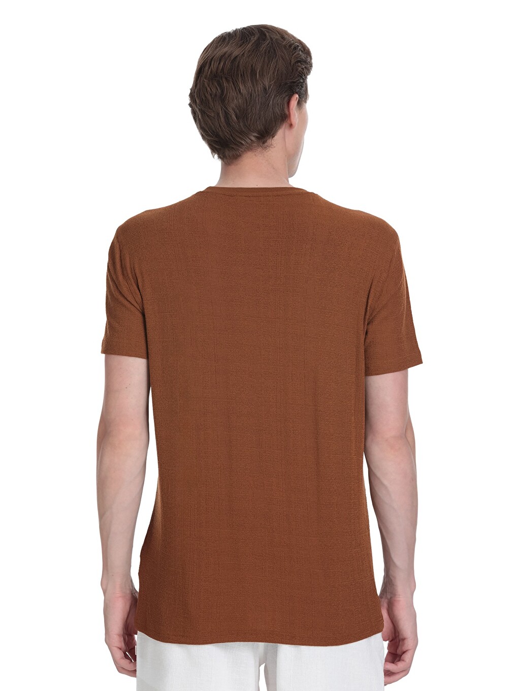 Kahverengi Regular Fit Bisiklet Yaka Tişört-4