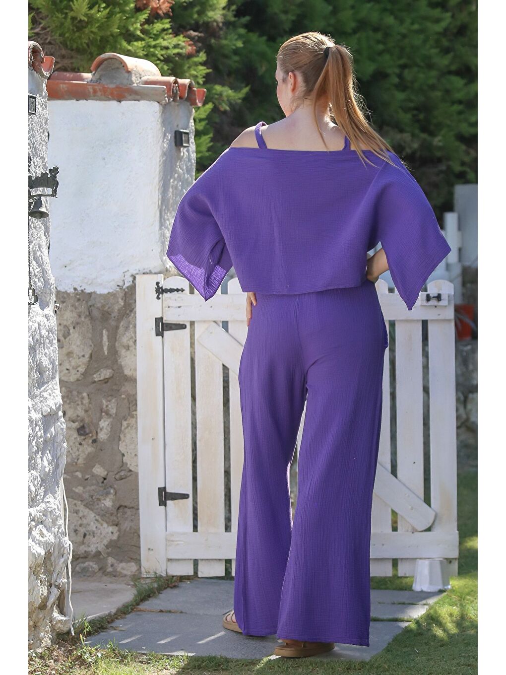 Mor Carmen Yaka Mendil Kol Cepli Yıkamalı Lastikli Bel Müslin Dokuma Takım 52-108 65-65-1