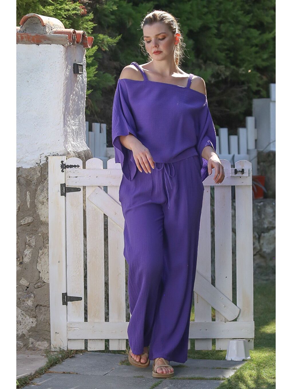 Mor Carmen Yaka Mendil Kol Cepli Yıkamalı Lastikli Bel Müslin Dokuma Takım 52-108 65-65-2