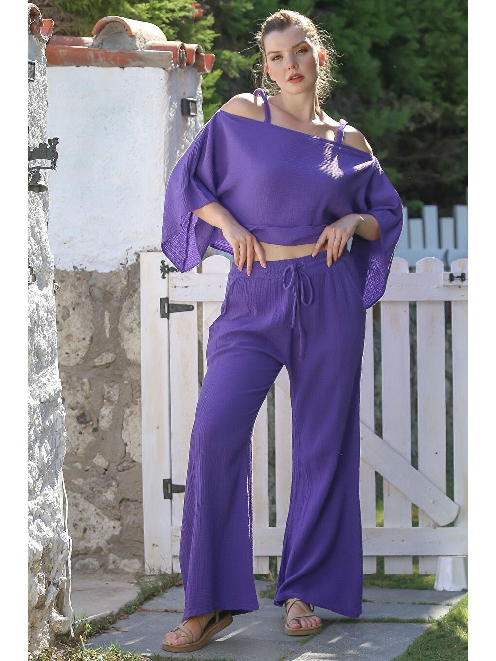 Mor Carmen Yaka Mendil Kol Cepli Yıkamalı Lastikli Bel Müslin Dokuma Takım 52-108 65-65-3