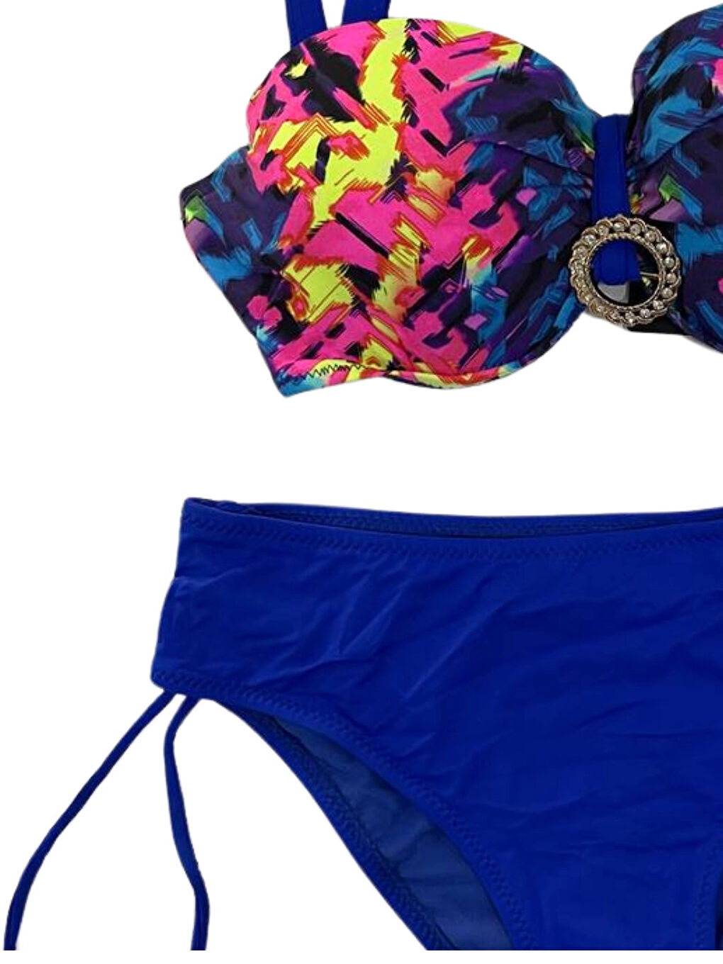 Kadın Saks Mavi Renk Desenli Toka Detaylı Astarlı Bikini Takım HZL25S-LC3322-1
