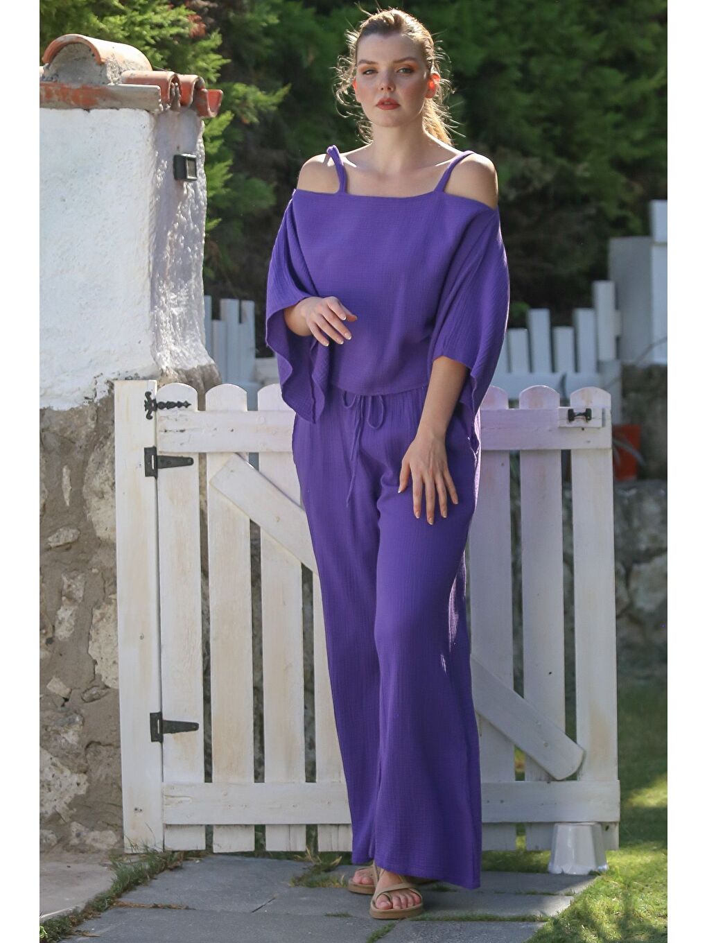 Mor Carmen Yaka Mendil Kol Cepli Yıkamalı Lastikli Bel Müslin Dokuma Takım 52-108 65-65-4