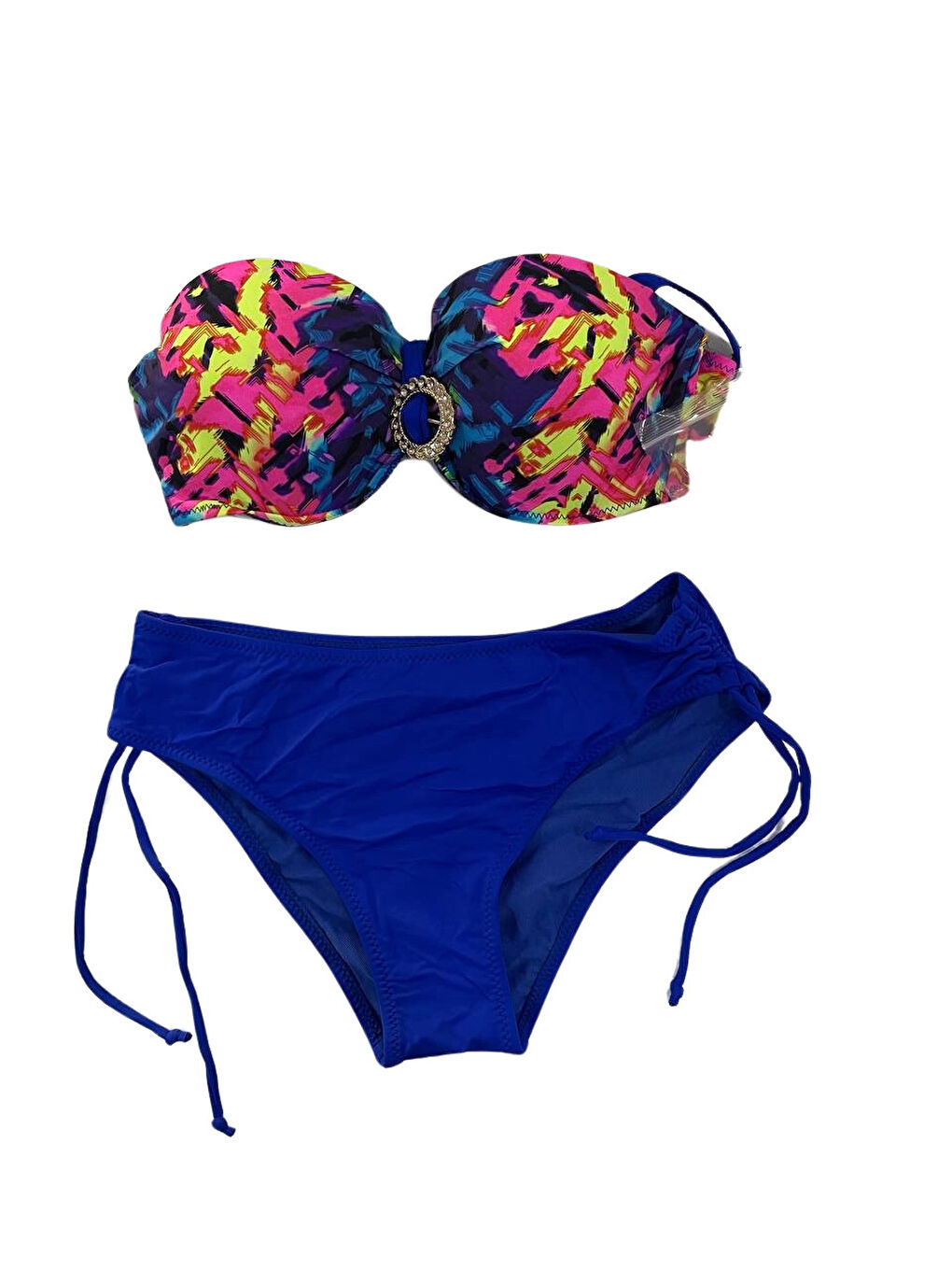 Kadın Saks Mavi Renk Desenli Toka Detaylı Astarlı Bikini Takım HZL25S-LC3322-2