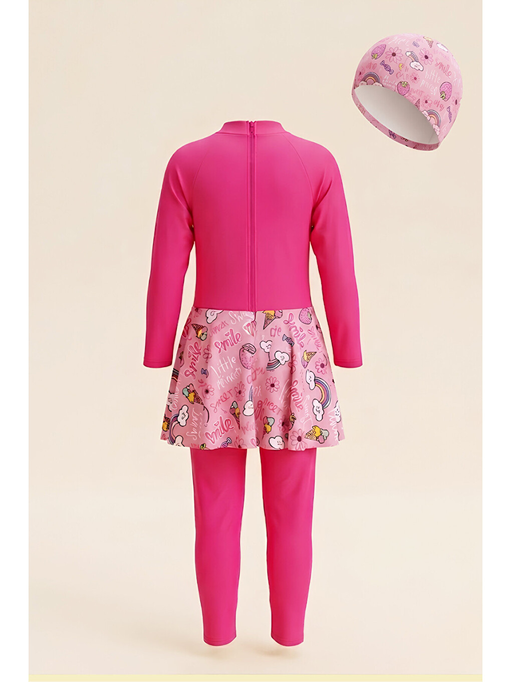 Pembe Kız Çocuk Uzun Altlı ve Volan Etekli Mayo Takımı (Tek Parça Mayo+Bone) 4-13 Yaş 12675N-1