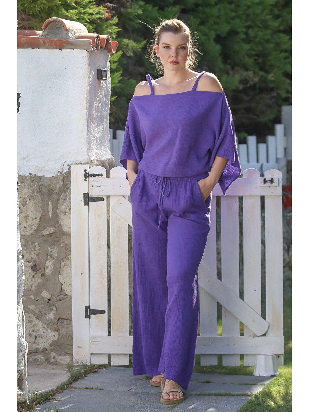 Mor Carmen Yaka Mendil Kol Cepli Yıkamalı Lastikli Bel Müslin Dokuma Takım 52-108 65-65-5