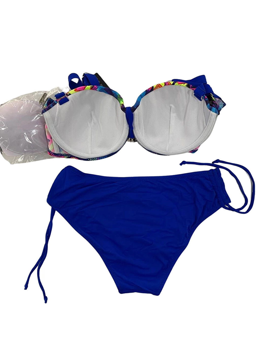 Kadın Saks Mavi Renk Desenli Toka Detaylı Astarlı Bikini Takım HZL25S-LC3322-3