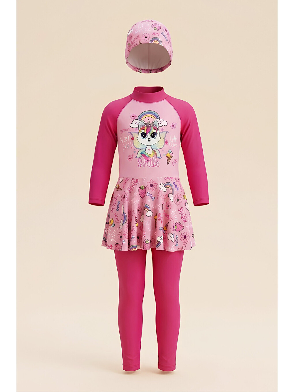 Pembe Kız Çocuk Uzun Altlı ve Volan Etekli Mayo Takımı (Tek Parça Mayo+Bone) 4-13 Yaş 12675N-2