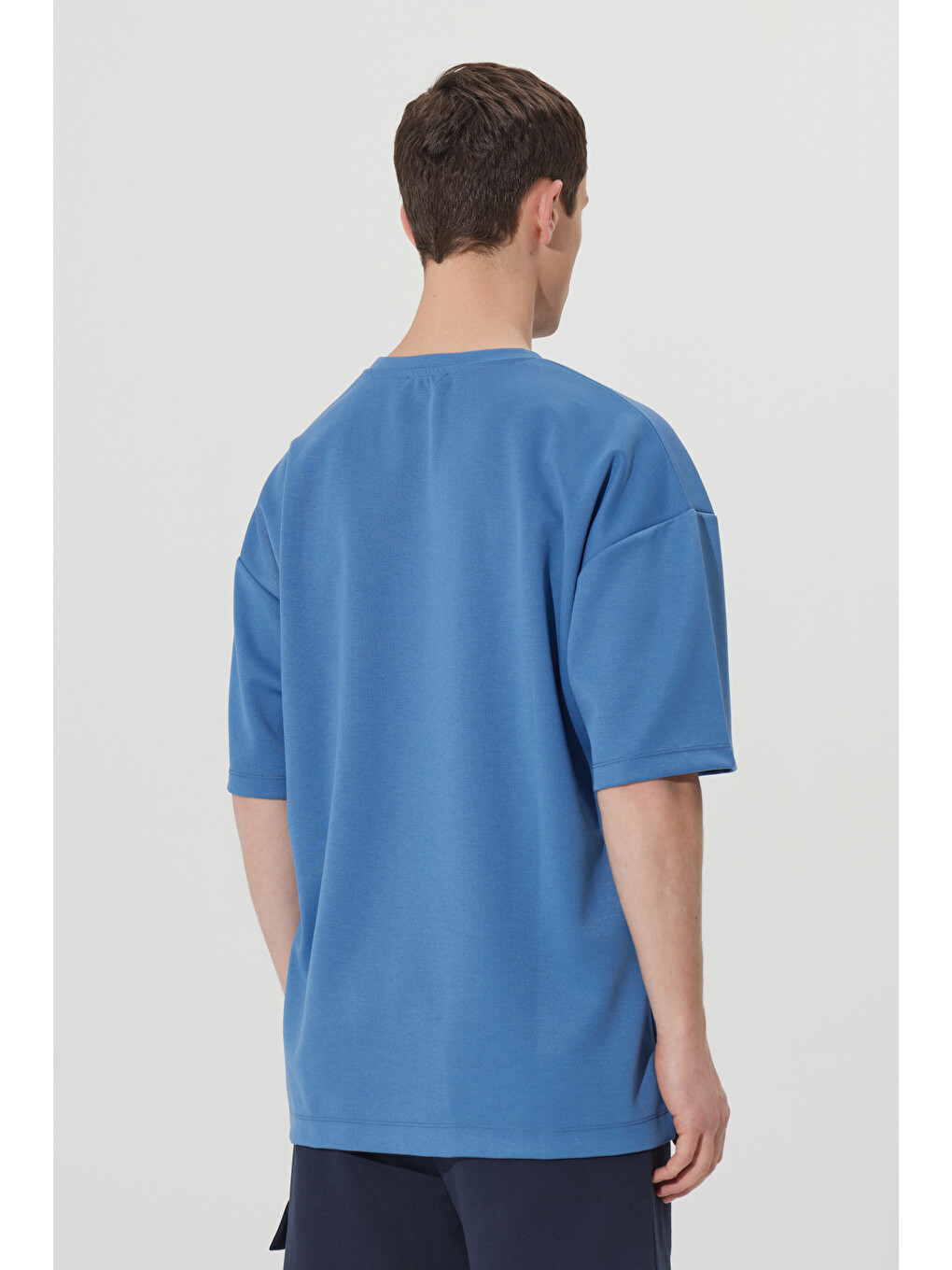 Erkek İndigo Oversize Bol Kesim Bisiklet Yaka Kısa Kollu Sweatshirt-7