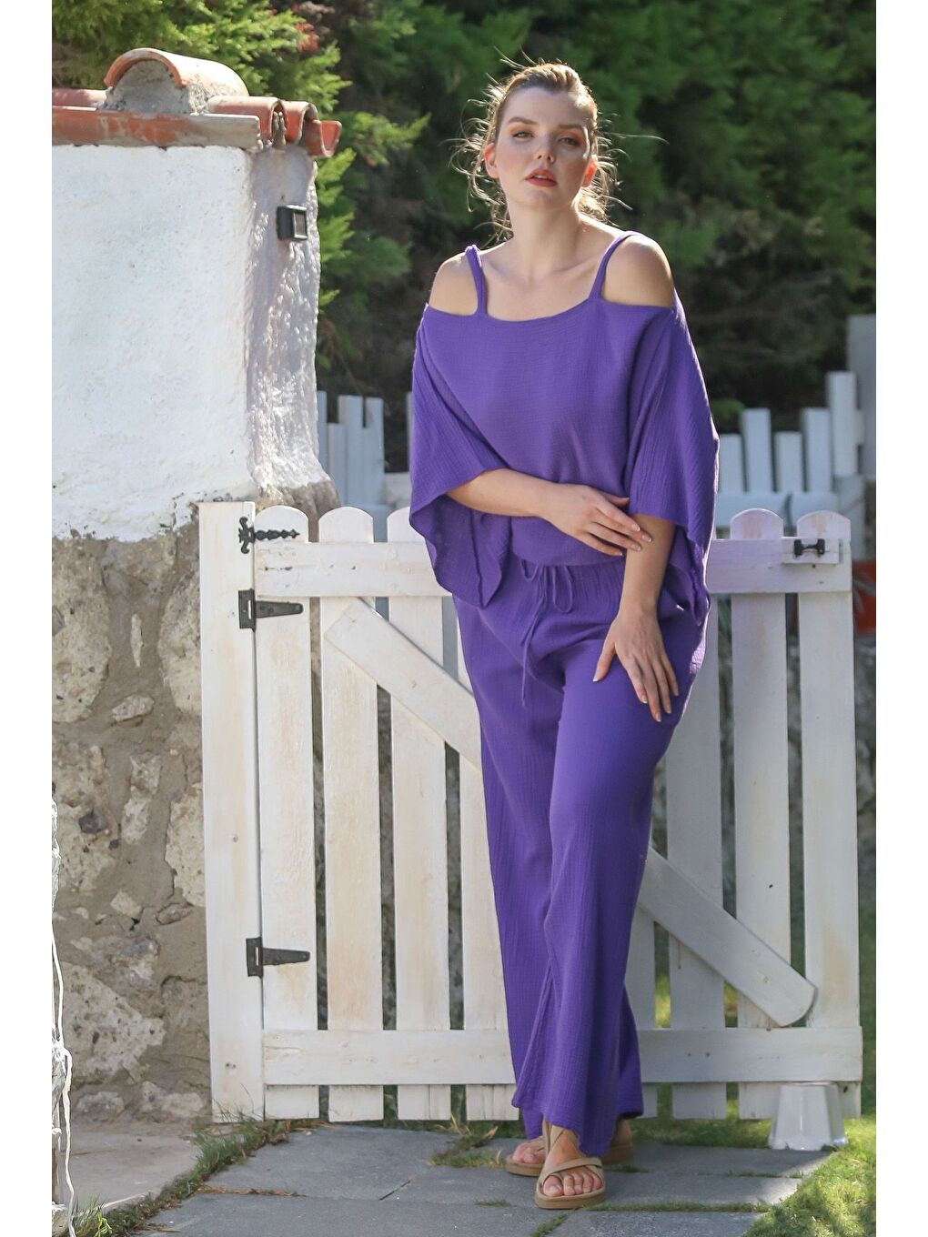 Mor Carmen Yaka Mendil Kol Cepli Yıkamalı Lastikli Bel Müslin Dokuma Takım 52-108 65-65-6