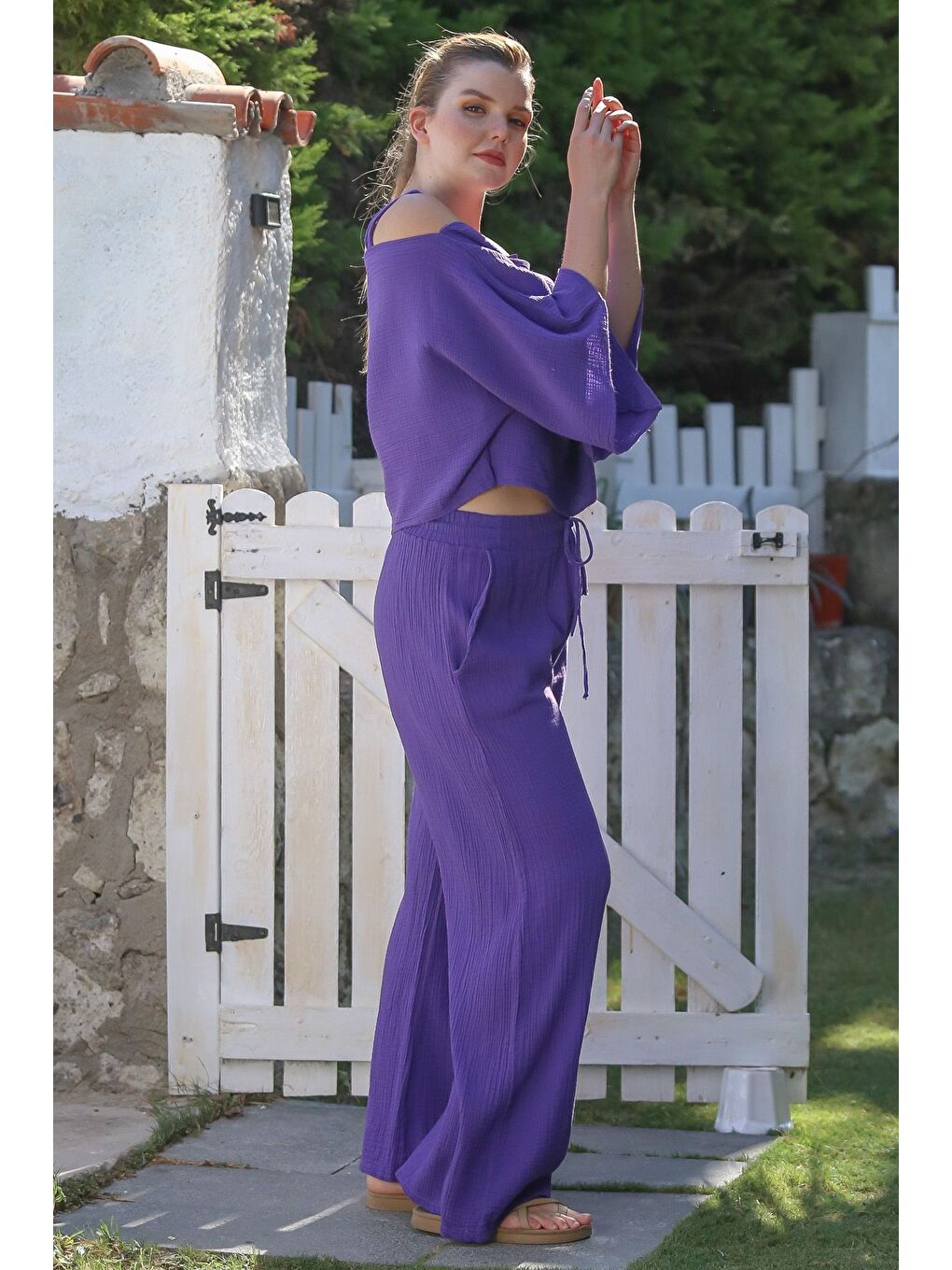 Mor Carmen Yaka Mendil Kol Cepli Yıkamalı Lastikli Bel Müslin Dokuma Takım 52-108 65-65-7