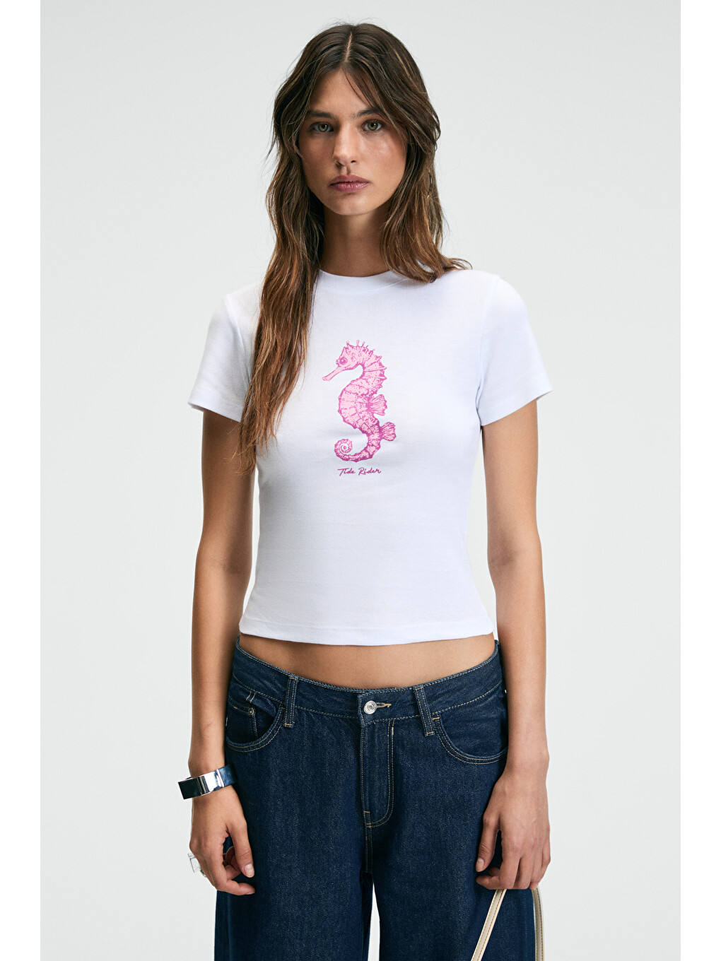 Athea Kadın Bisiklet Yaka Kısa Kollu Önü Baskılı Slim Beyaz-pembe T-shirt-1