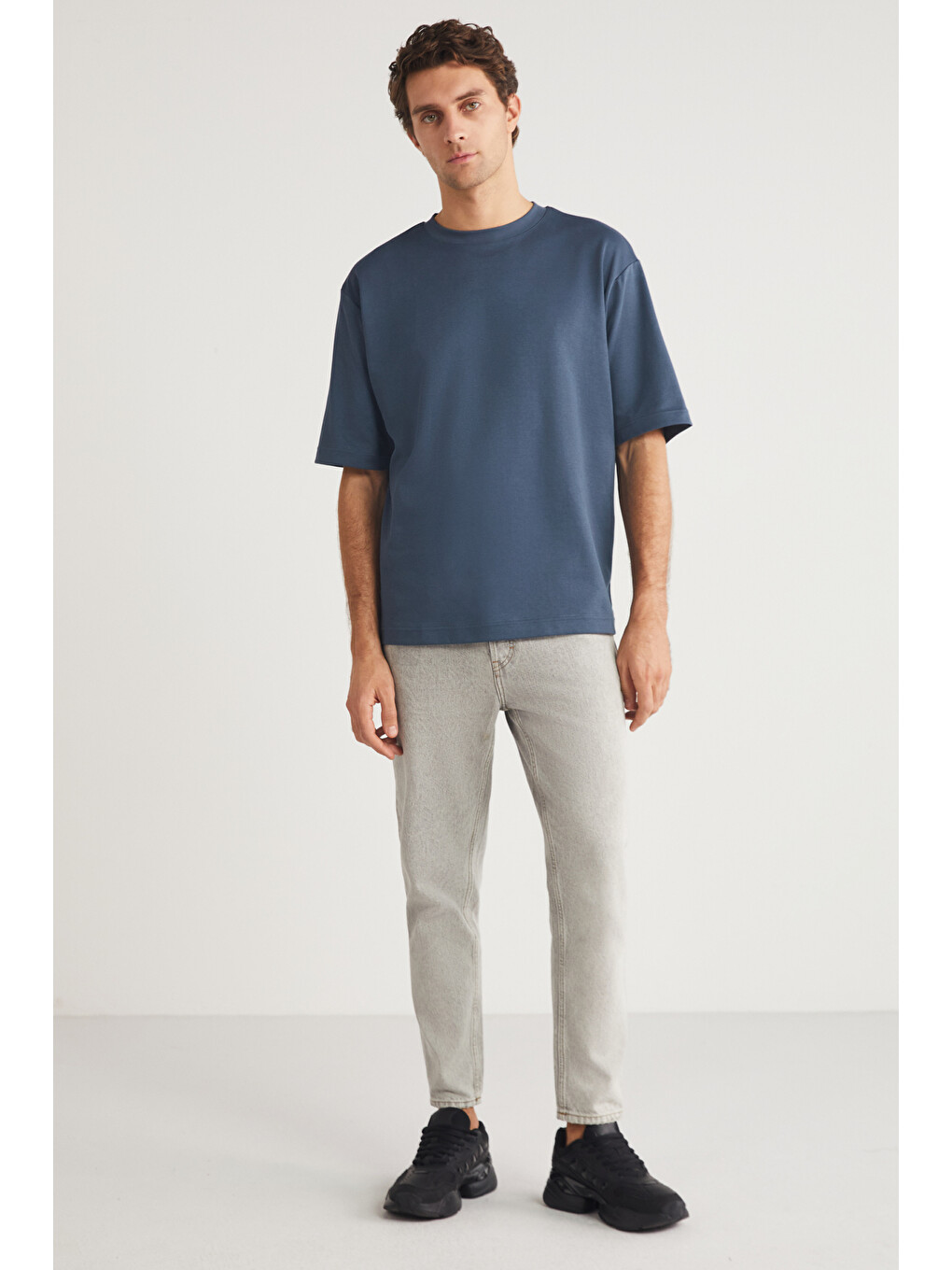 İndigo JOEL Erkek %100 Organik Pamuklu Kalın Kumaşlı Özel Dokulu Etiket Detaylı Oversize İNDİGO T-Shirt-3