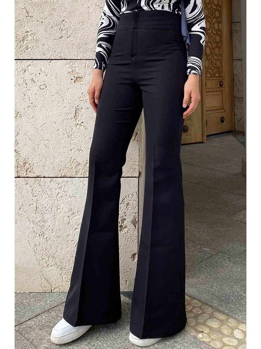 Yüksek Bel İspanyol Paça Gizli Cep Pantolon Siyah-1