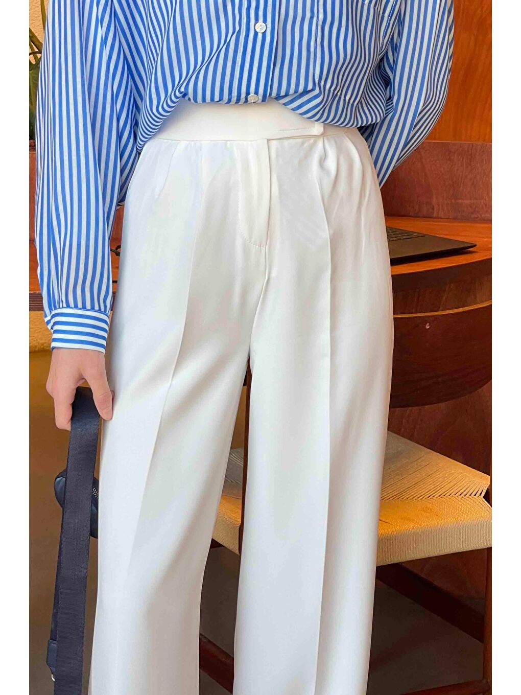 Beli Cırt Cırtlı Palazzo Model Pantolon Beyaz-2