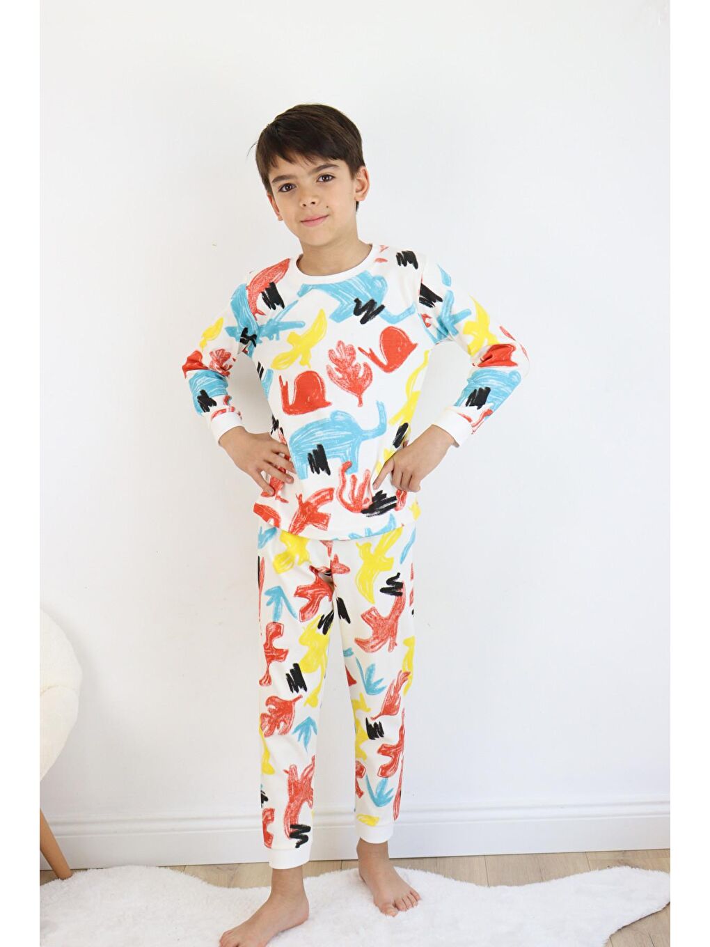 Harika KIDS Ekru Erkek Çocuk Baskılı interlok Kumaş Uzun Kollu Pijama Takımı - 3