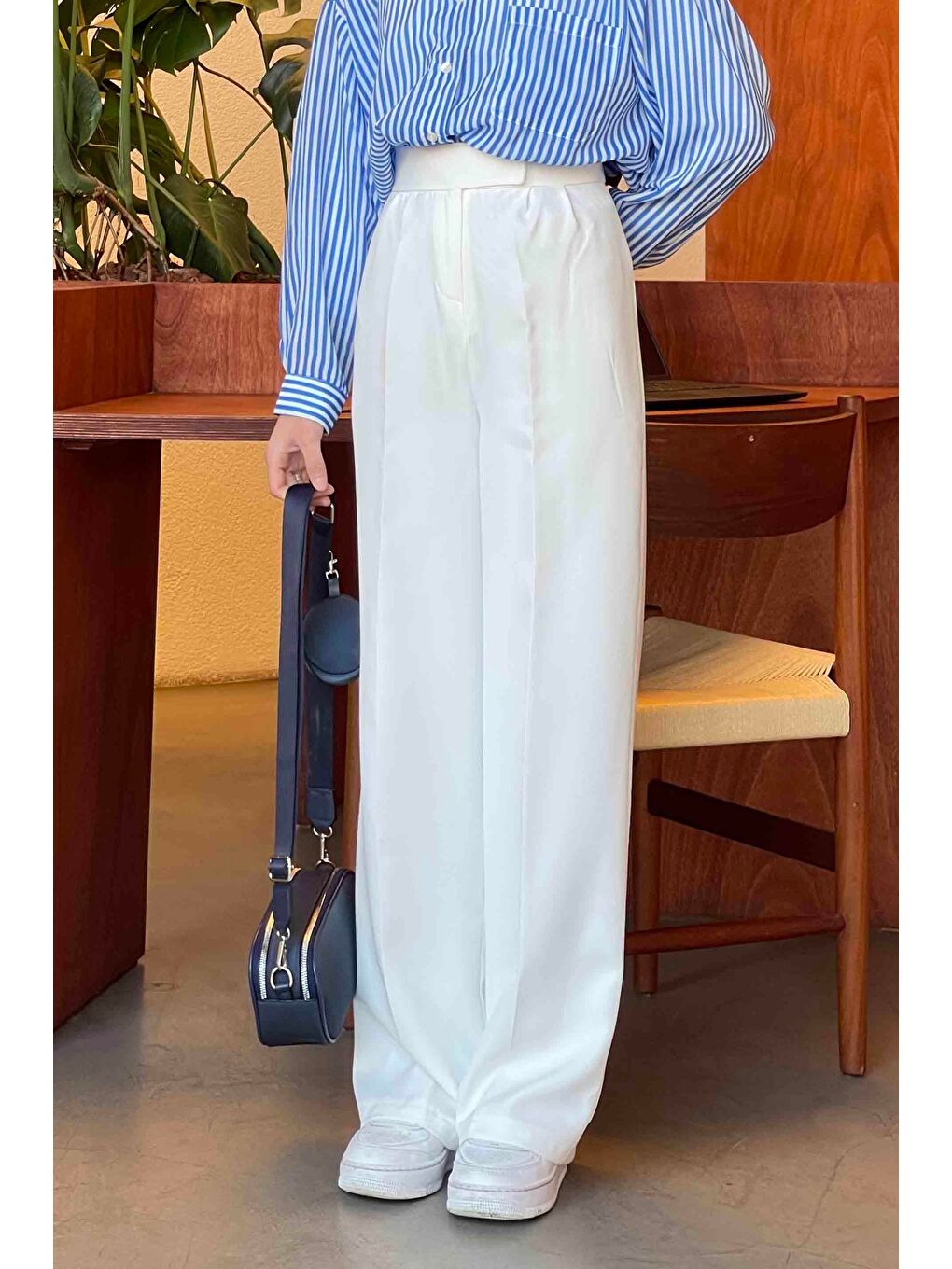 Beli Cırt Cırtlı Palazzo Model Pantolon Beyaz-3