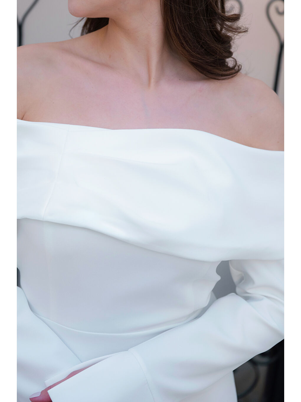 Kadın Beyaz Kayık Yaka Uzun Kol Söz Nişan Nikah Abiye Elbise-4