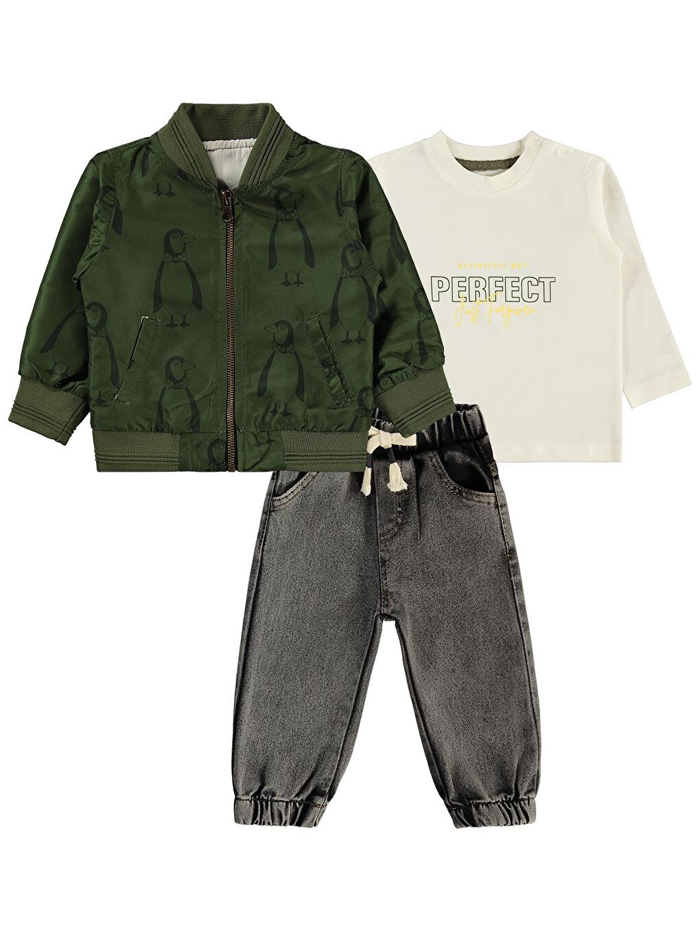 Yeşil Penguen Baskılı Pilot Ceketli 3'lü 6-18 Ay Takım