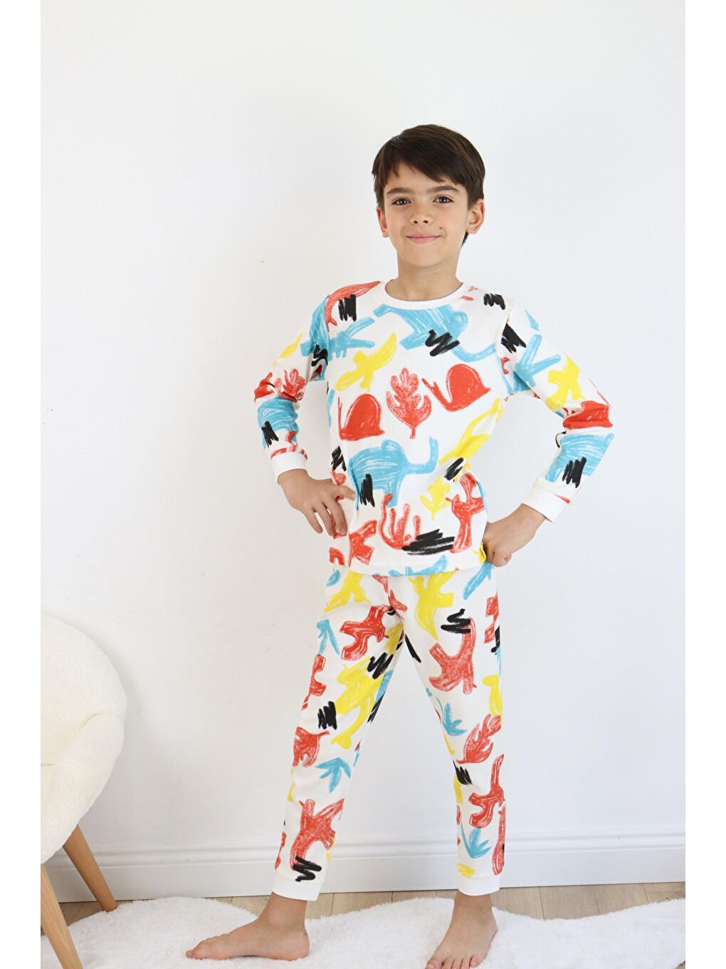 Harika KIDS Ekru Erkek Çocuk Baskılı interlok Kumaş Uzun Kollu Pijama Takımı - 6