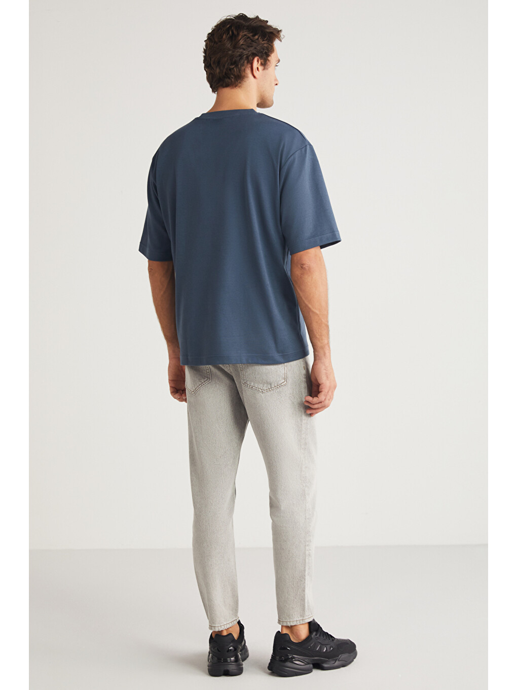 İndigo JOEL Erkek %100 Organik Pamuklu Kalın Kumaşlı Özel Dokulu Etiket Detaylı Oversize İNDİGO T-Shirt-4