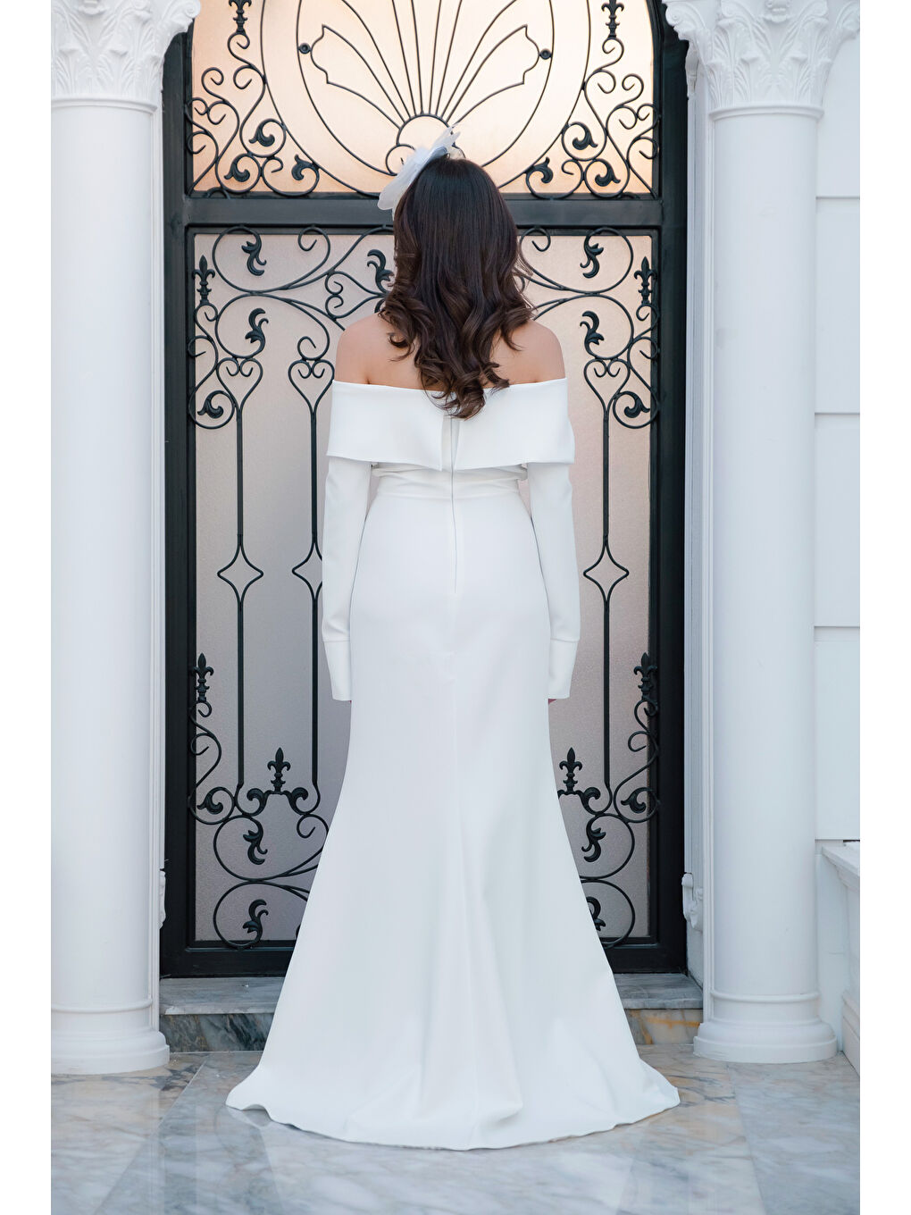 Kadın Beyaz Kayık Yaka Uzun Kol Söz Nişan Nikah Abiye Elbise-5