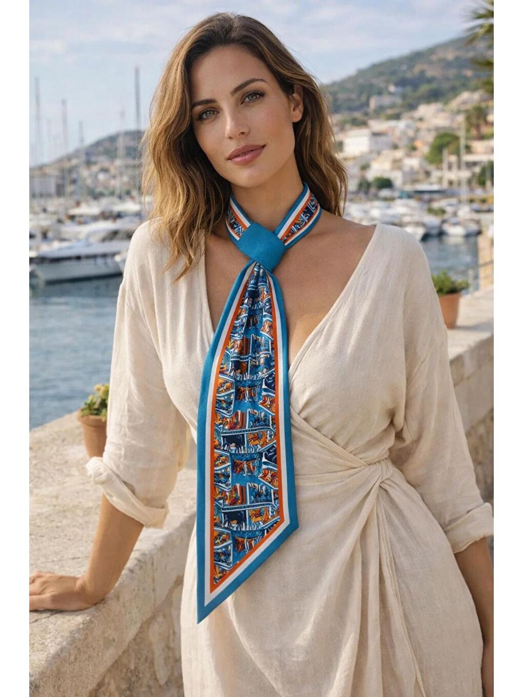 Mavi Kadın Turkuaz Figürlü Etnik Desen Premium Boyun Fuları FLR1011 MAVI