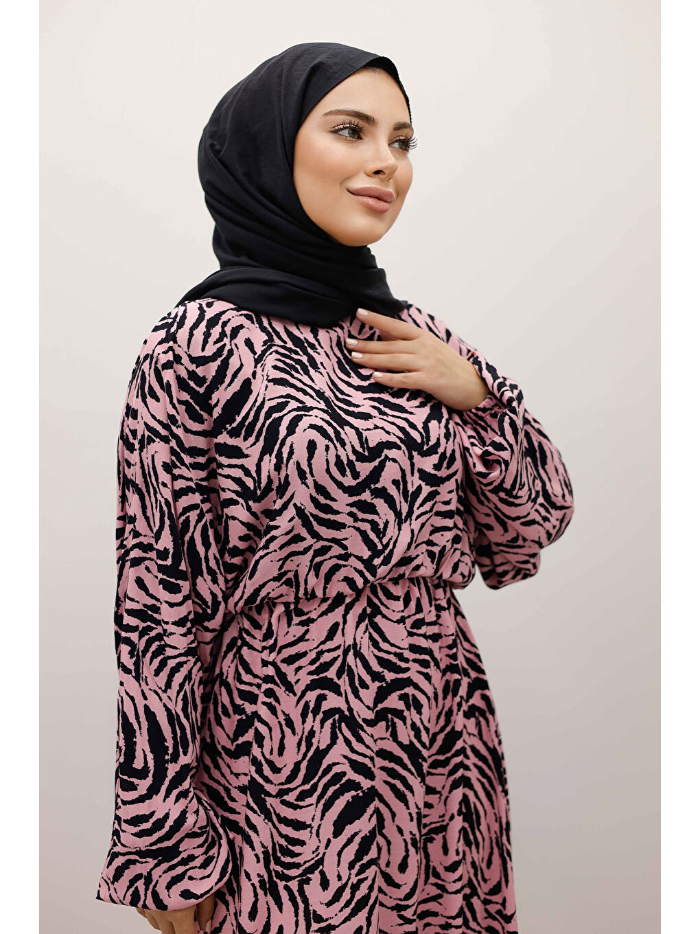 Beli Lastikli Yarasa Kol Viskon Elbise TSD250235 Pembe-1
