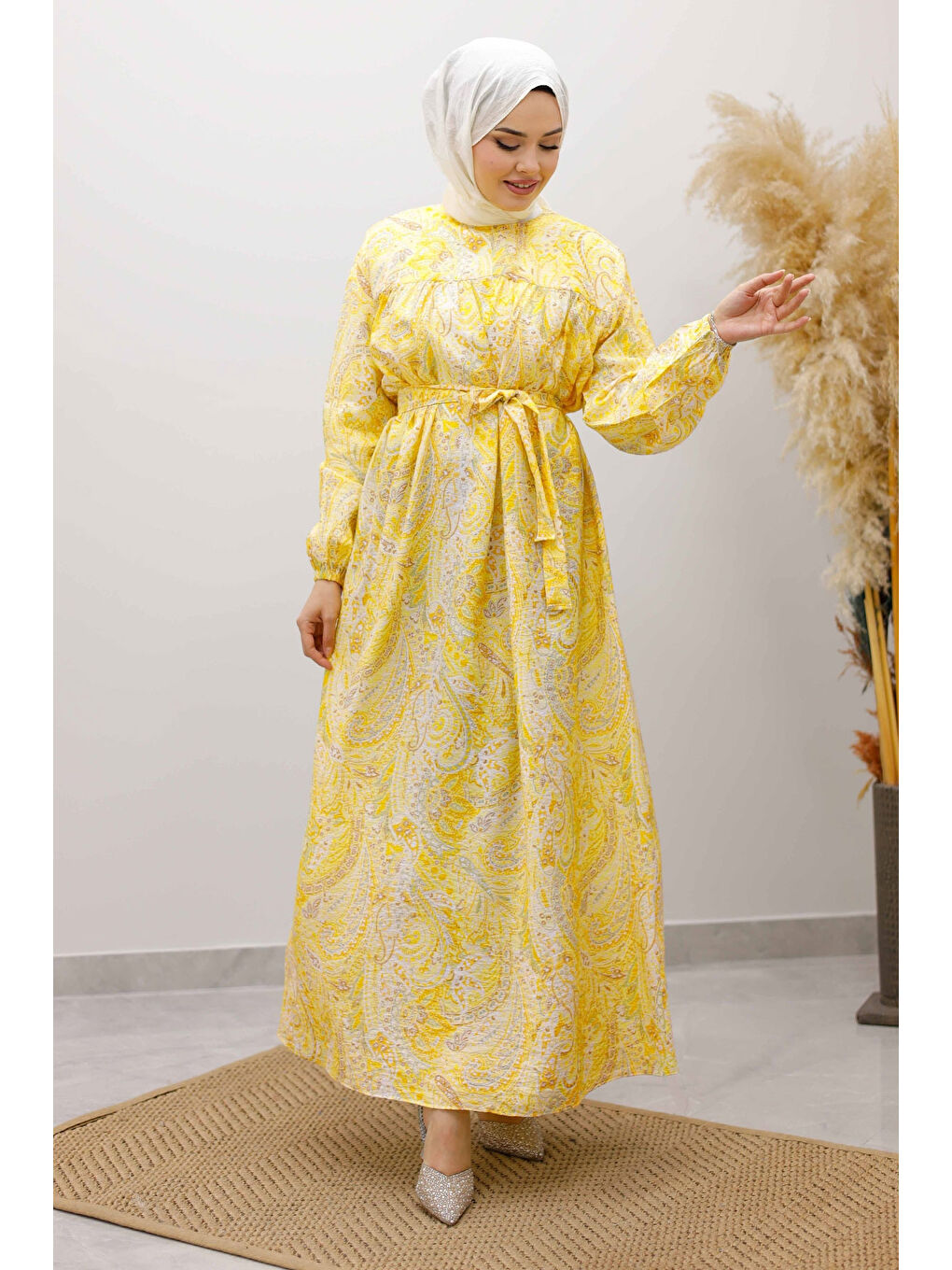 Desenli Robalı Elbise TSD250267 Sarı
