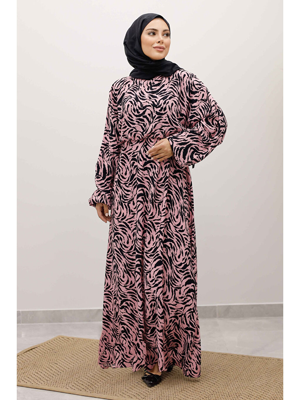 Beli Lastikli Yarasa Kol Viskon Elbise TSD250235 Pembe-2