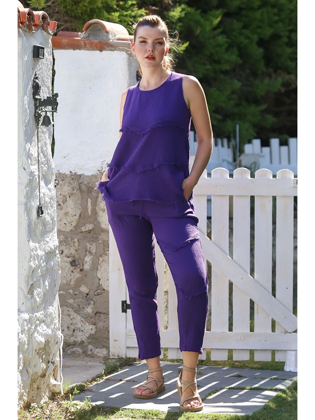 Mor Yuvarlak Yaka Kolsuz Cepli Pis Dikişli Lastikli Bel Dar Paça Müslin Dokuma Takım 65-100 55-63