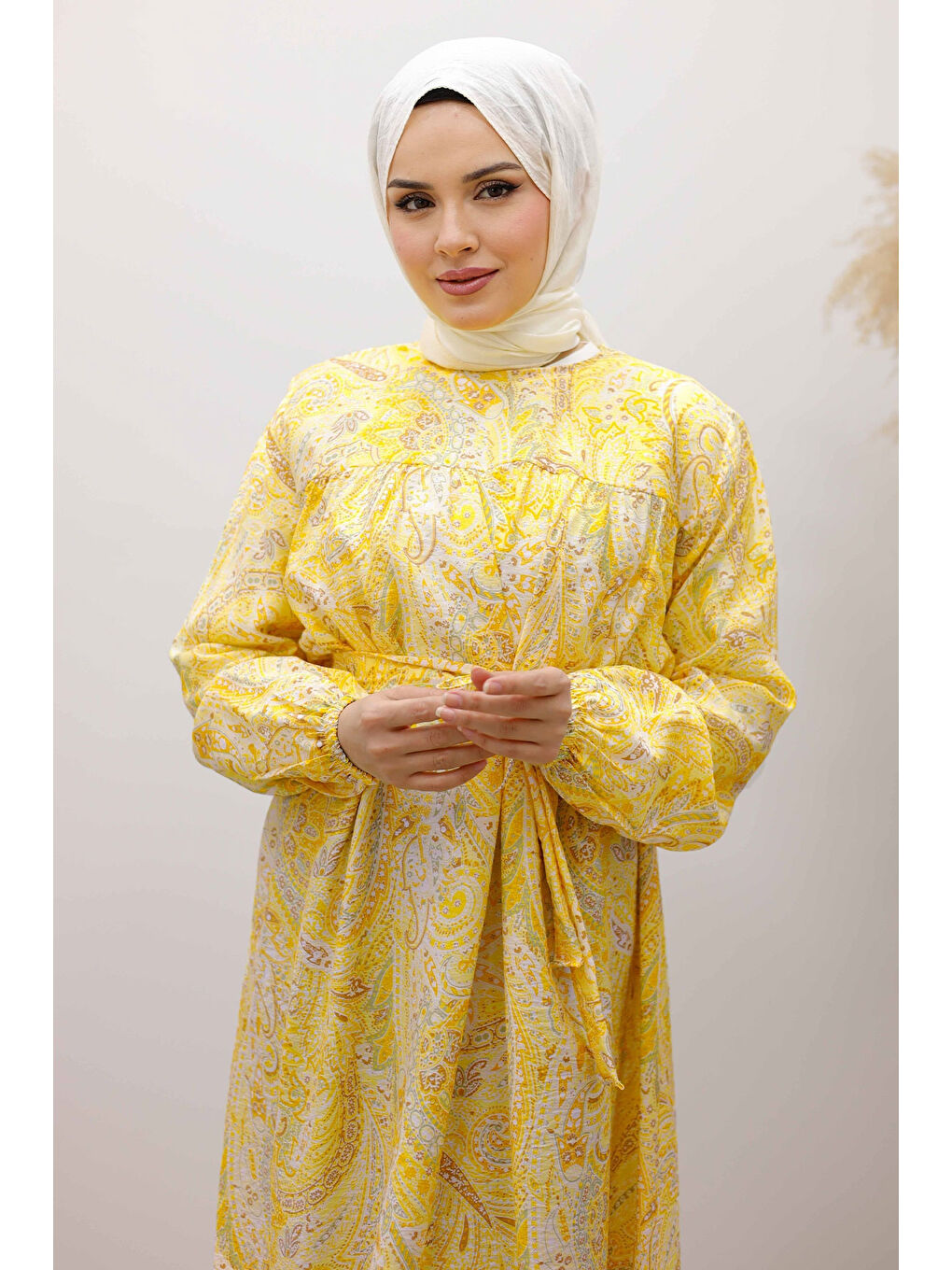 Desenli Robalı Elbise TSD250267 Sarı-1