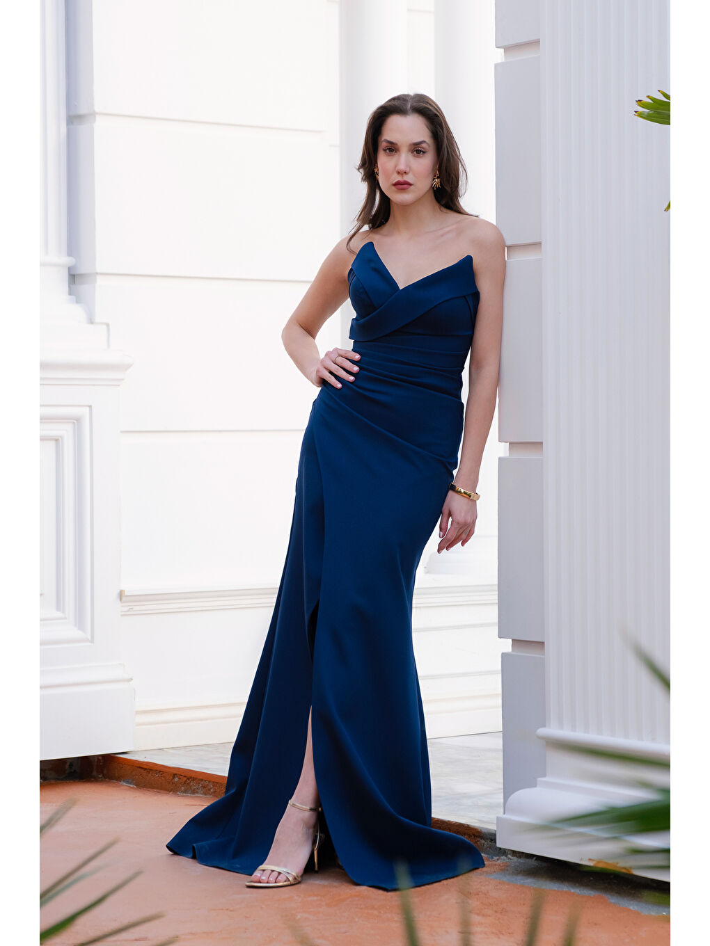 Kadın Lacivert Kedi Kulağı Pileli Uzun Abiye Elbise-1