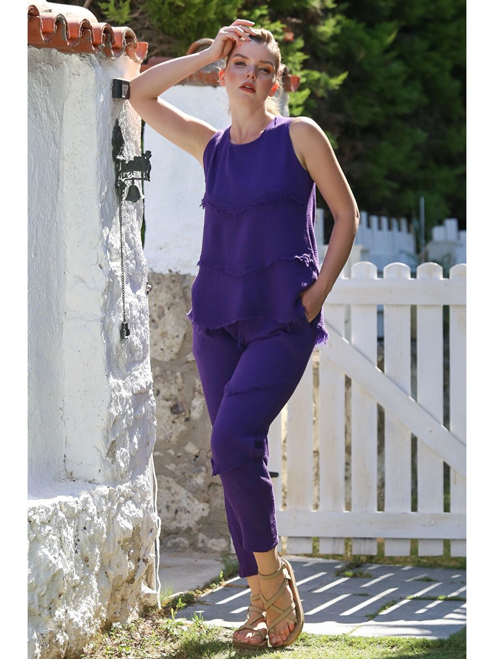 Mor Yuvarlak Yaka Kolsuz Cepli Pis Dikişli Lastikli Bel Dar Paça Müslin Dokuma Takım 65-100 55-63-2