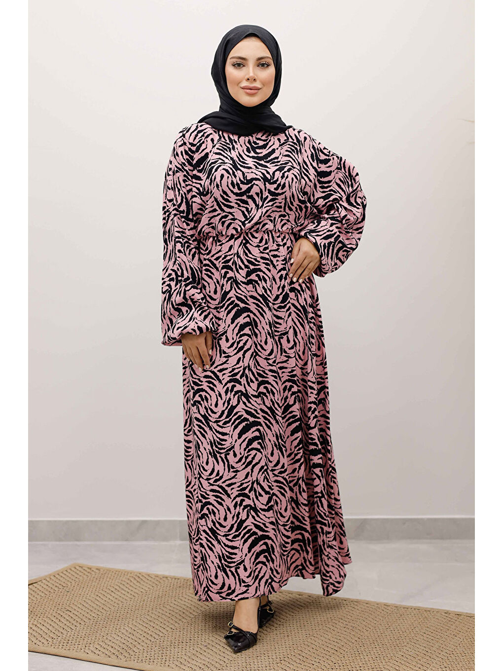 Beli Lastikli Yarasa Kol Viskon Elbise TSD250235 Pembe-4
