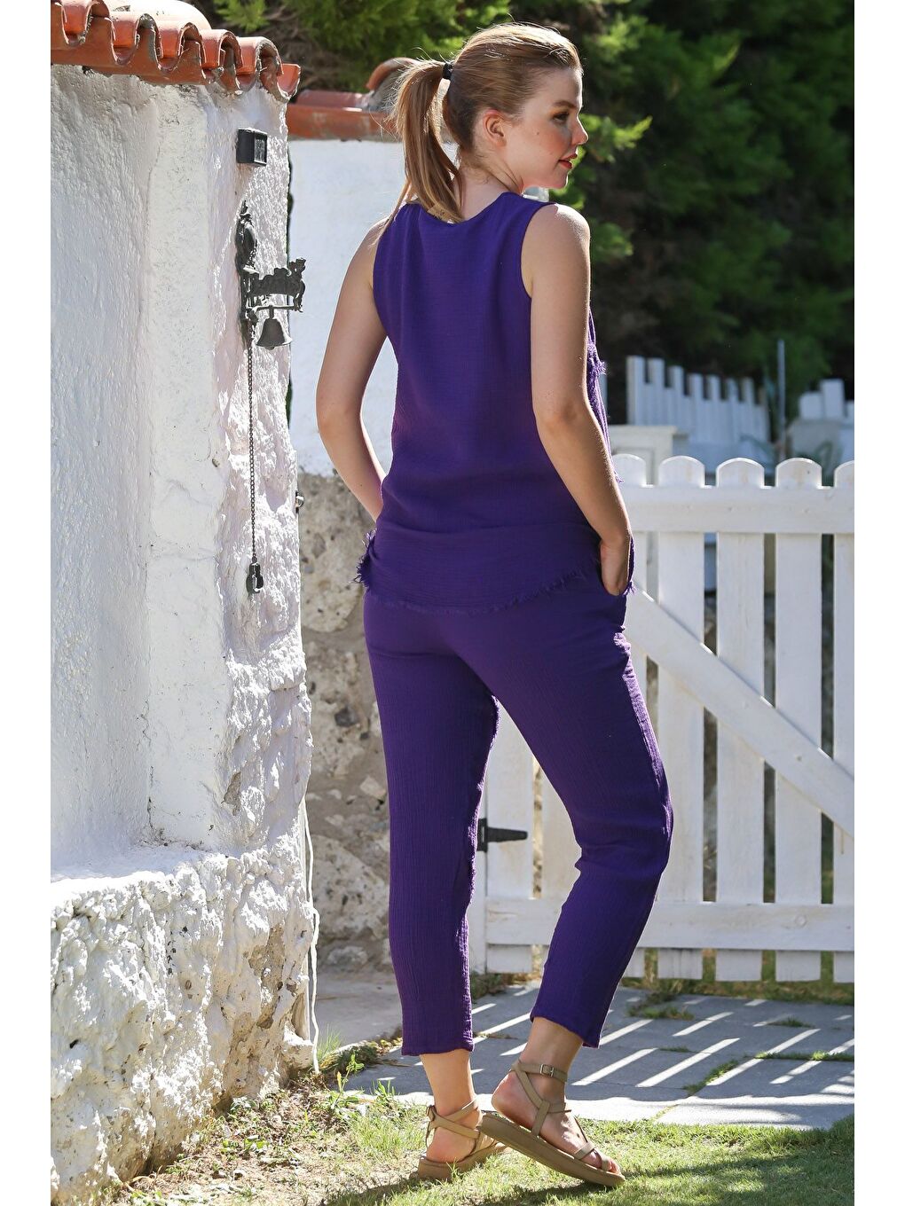 Mor Yuvarlak Yaka Kolsuz Cepli Pis Dikişli Lastikli Bel Dar Paça Müslin Dokuma Takım 65-100 55-63-7